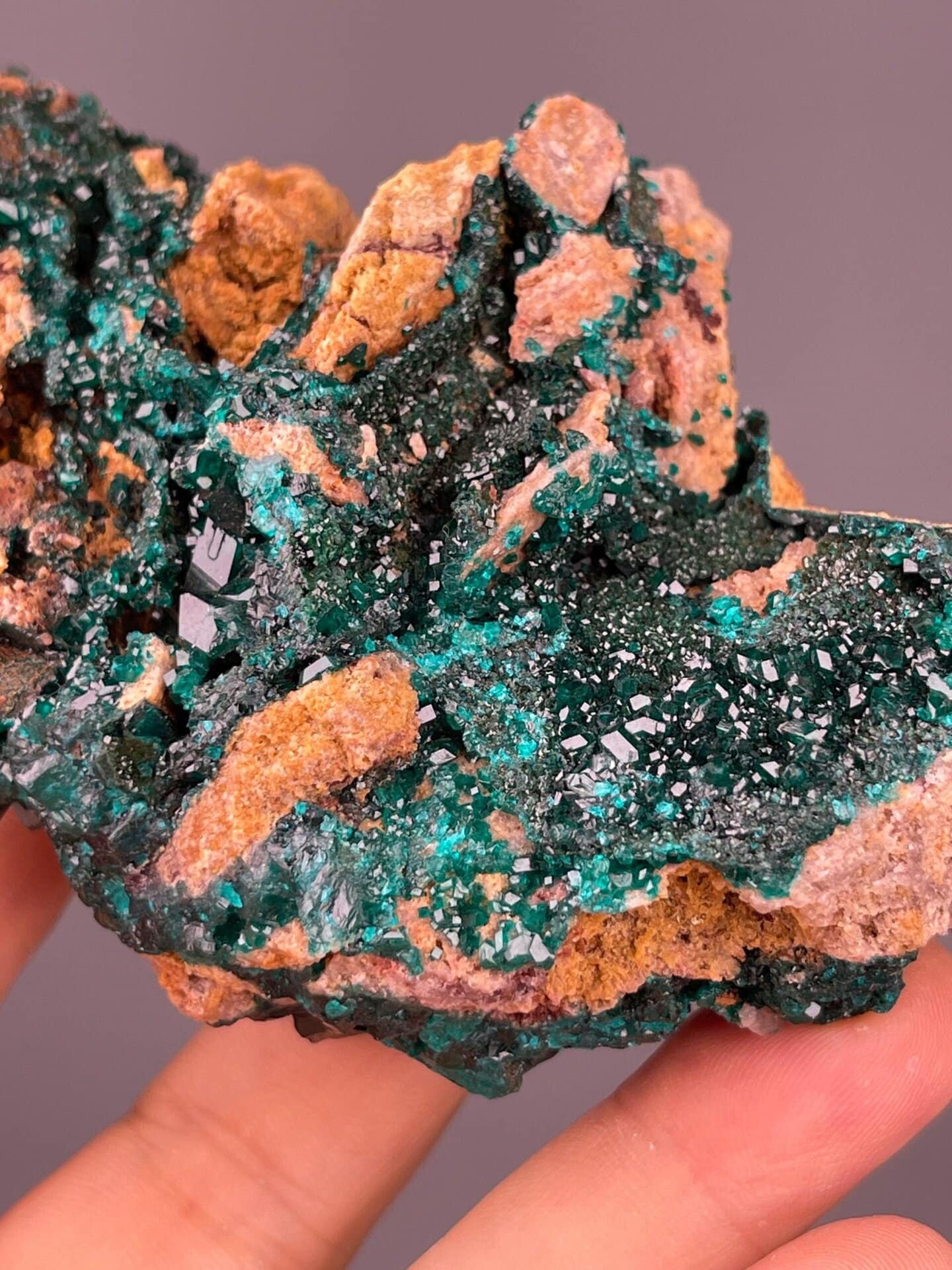 Hexagonal dioptase prisms with brilliant green coloration, Morocco