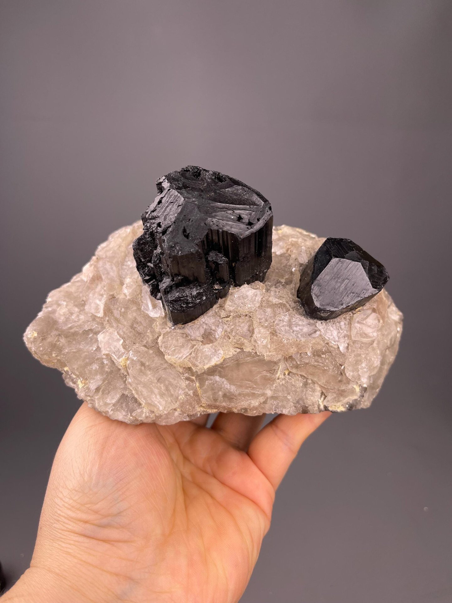 Two black tourmaline prisms embedded in smoky quartz matrix