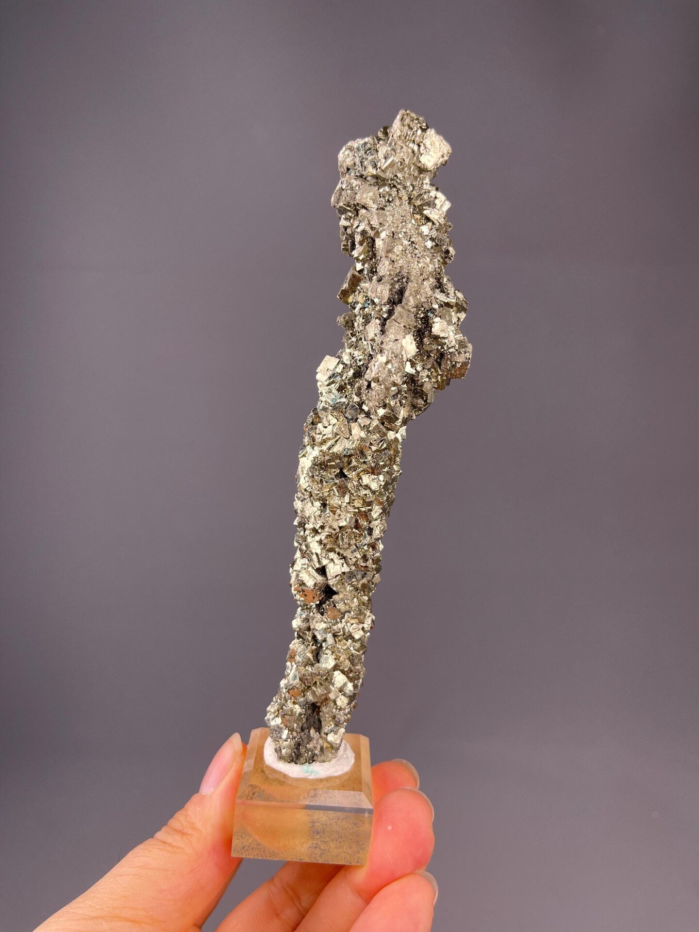 Navajún pyrite column with stacked cubic crystal units
