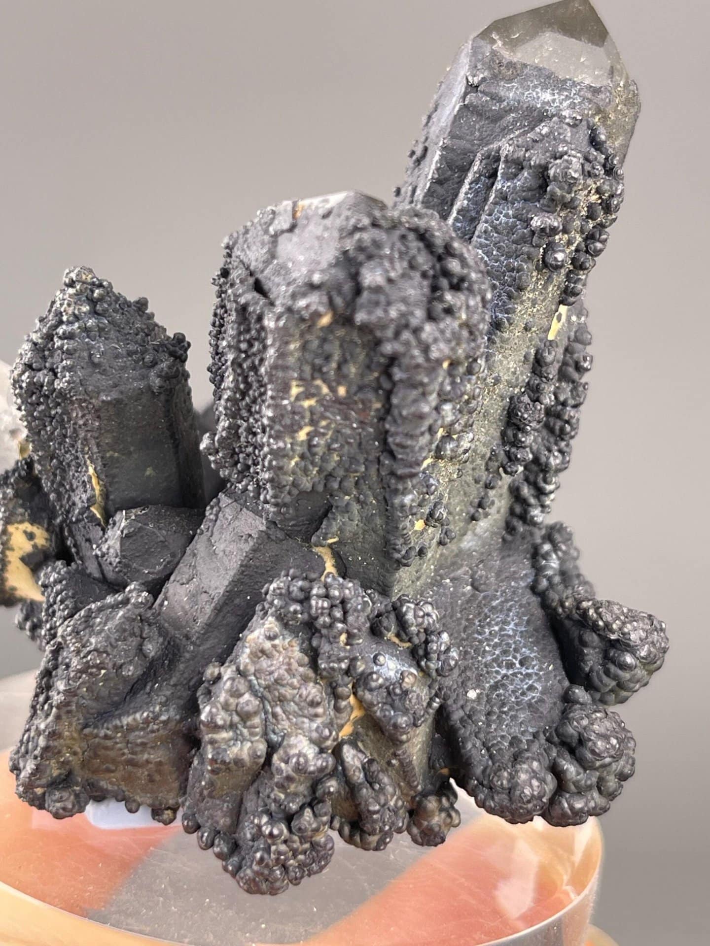 Striking two-tone mineral specimen: black psilomelane and white quartz