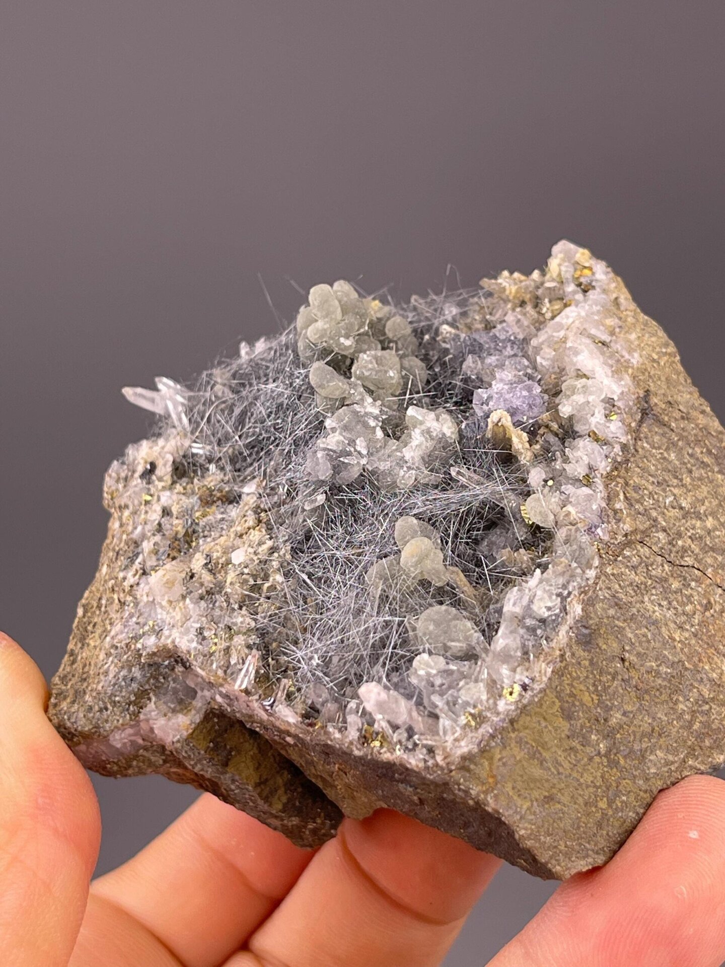 Boulangerite with quartz, calcite, fluorite, and pyrite, 6.17 oz