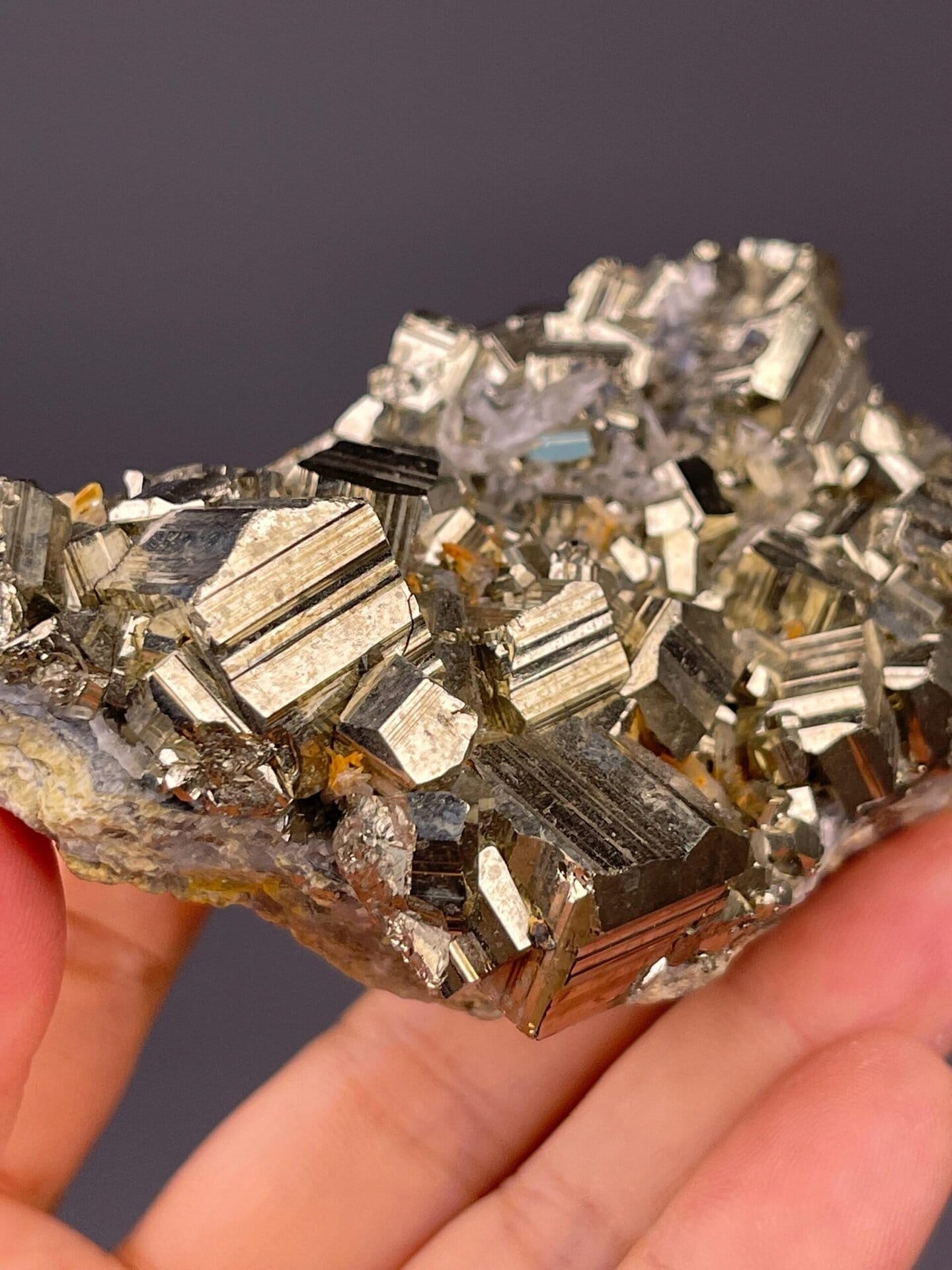 Angled view of cubic pyrite showing golden metallic colour