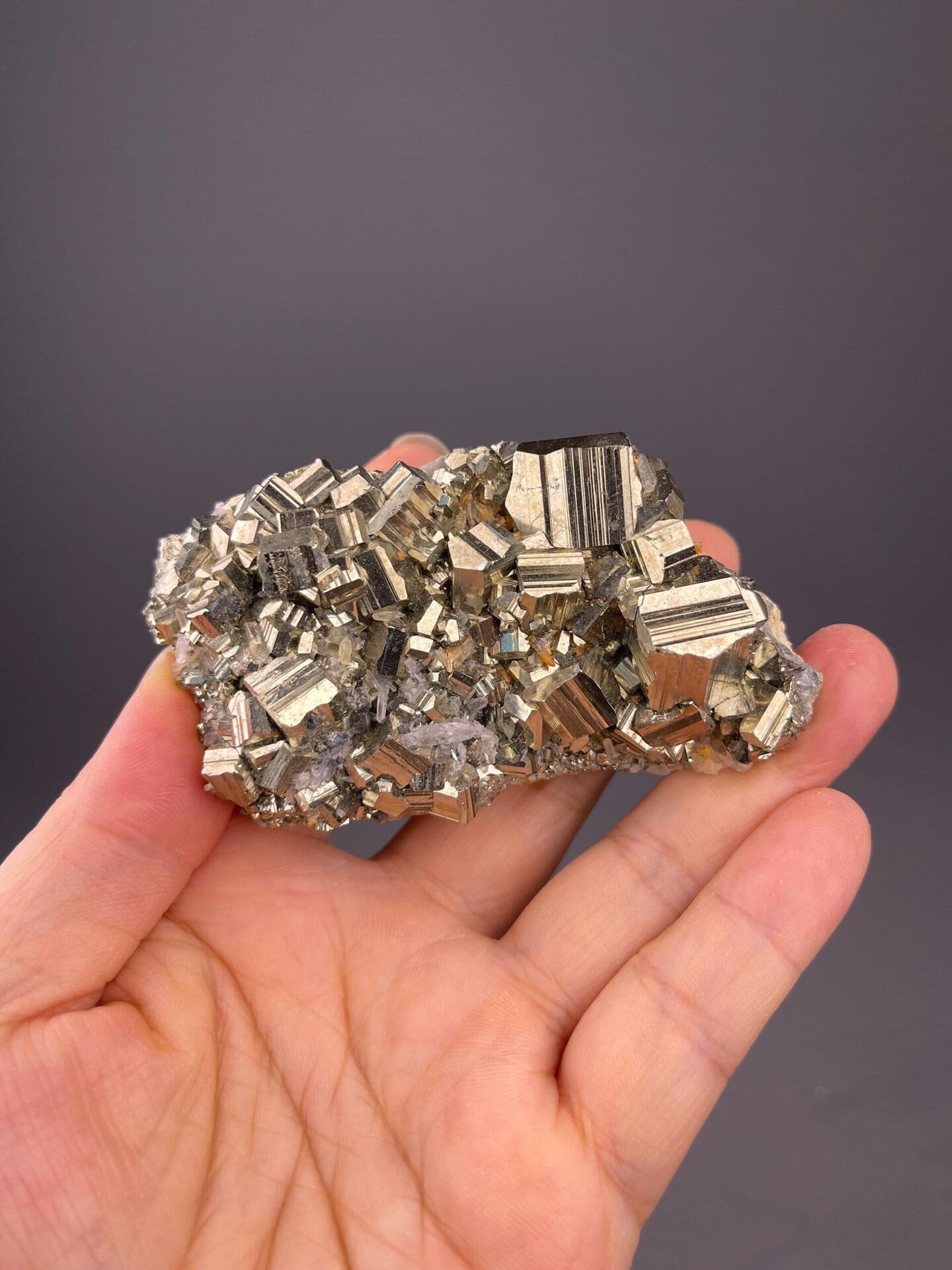 Side view of pyrite cluster, 3.2×1.9×1.2 in, Navajún Spain