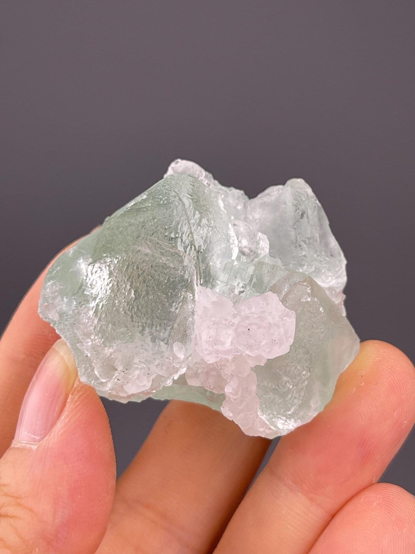 CaF₂ cubic fluorite, Mohs 4, mint green with calcite, China, 2.1 oz