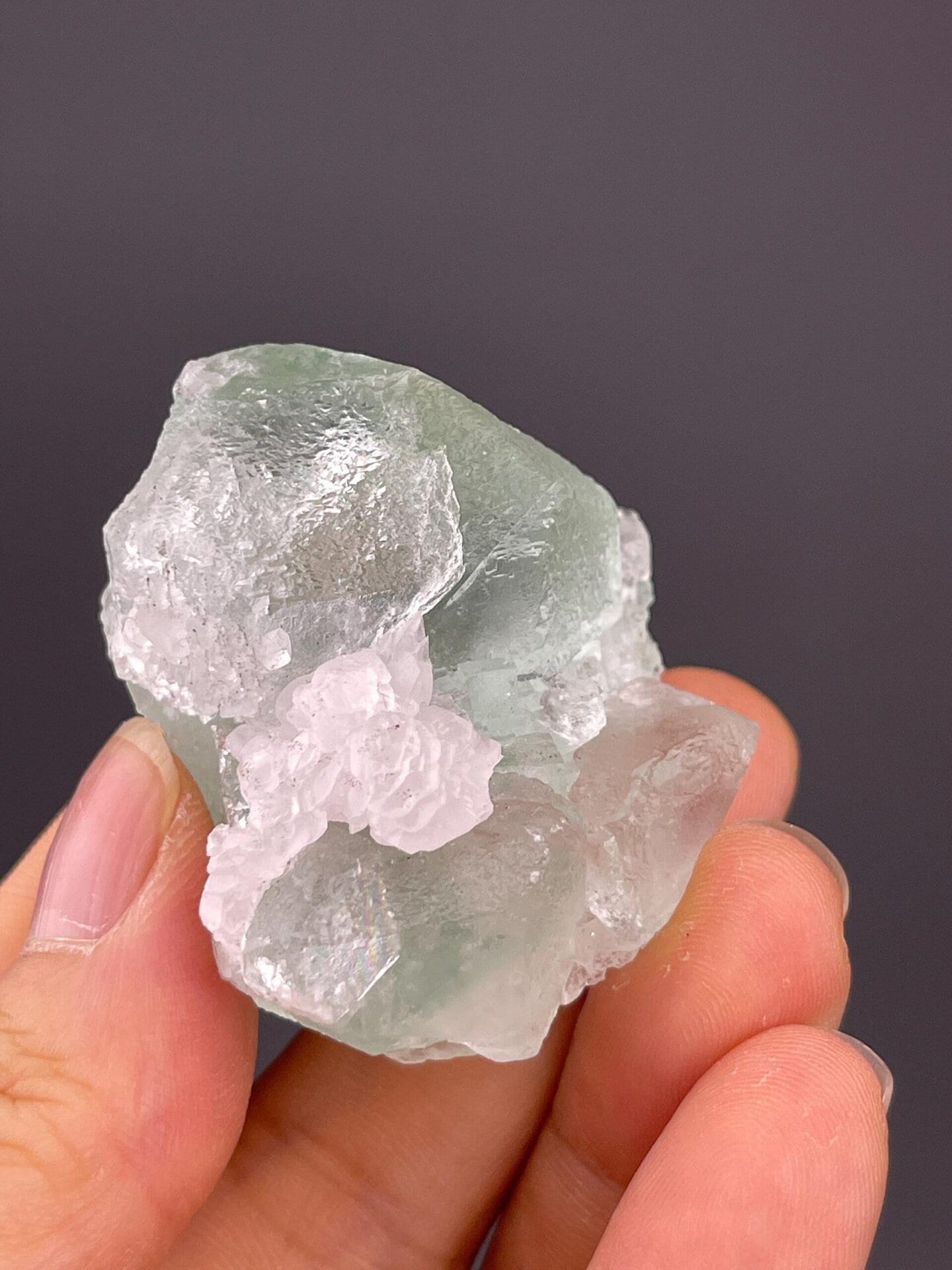 Close-up of mint green fluorite showing translucency
