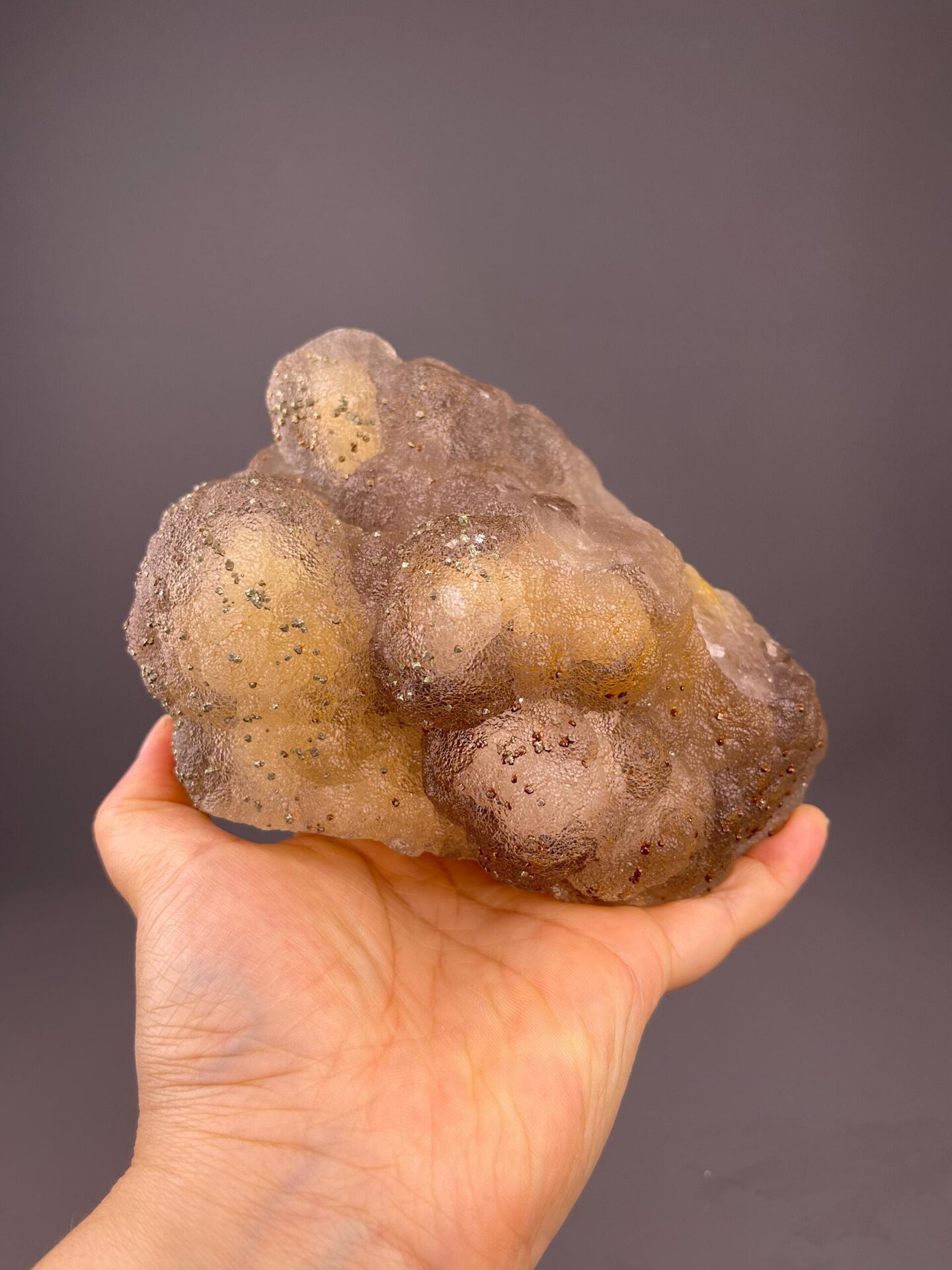 Front view of botryoidal yellow fluorite cluster, 6×4×3 in