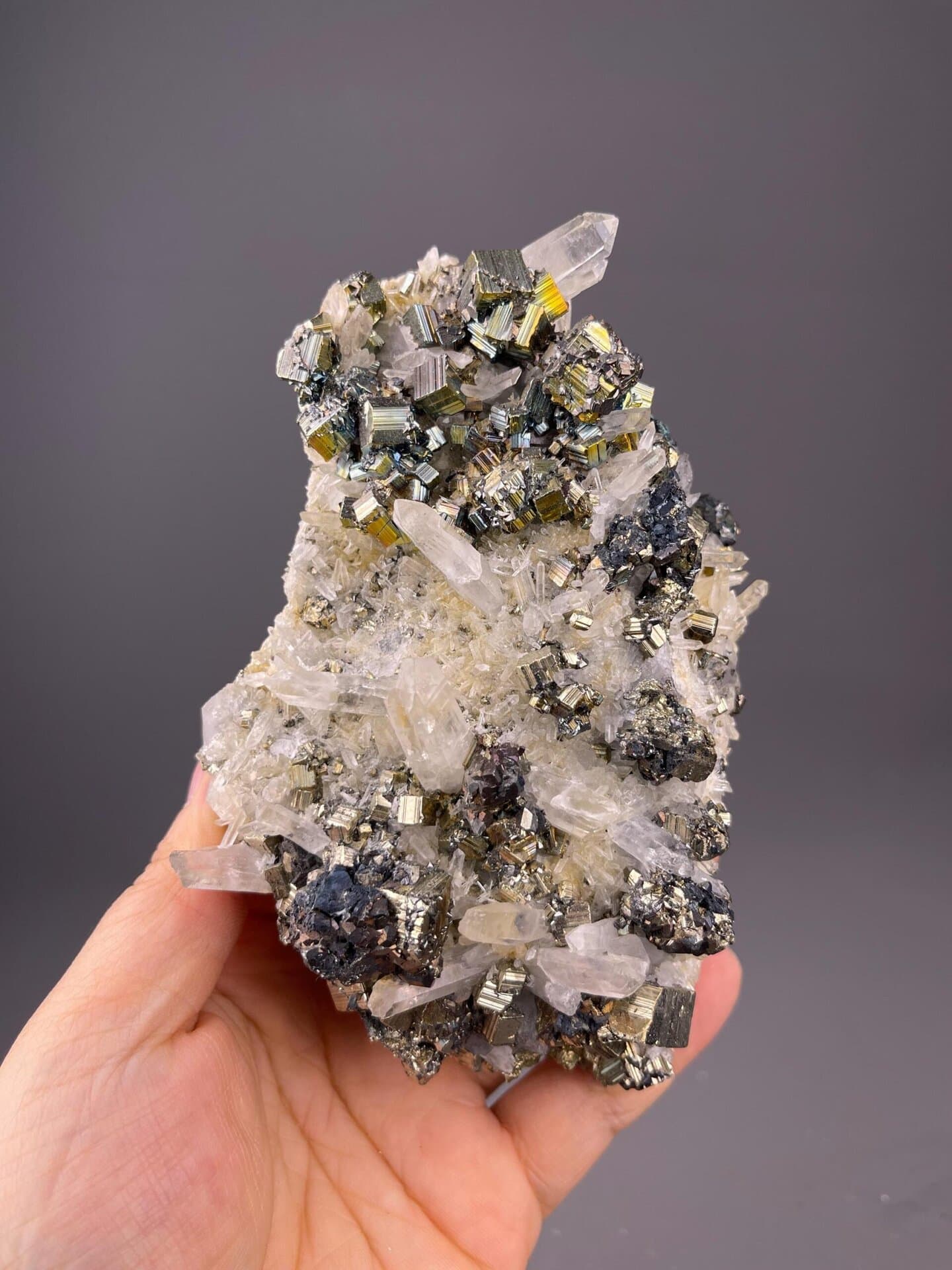 Close-up of cubic pyrite showing metallic luster and mirror faces