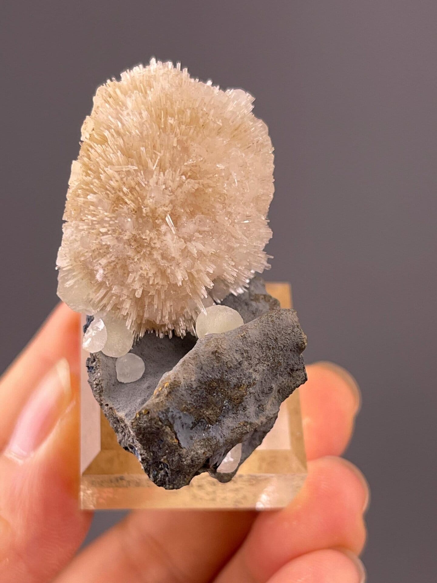 Angled view of radial stilbite sphere on basalt matrix