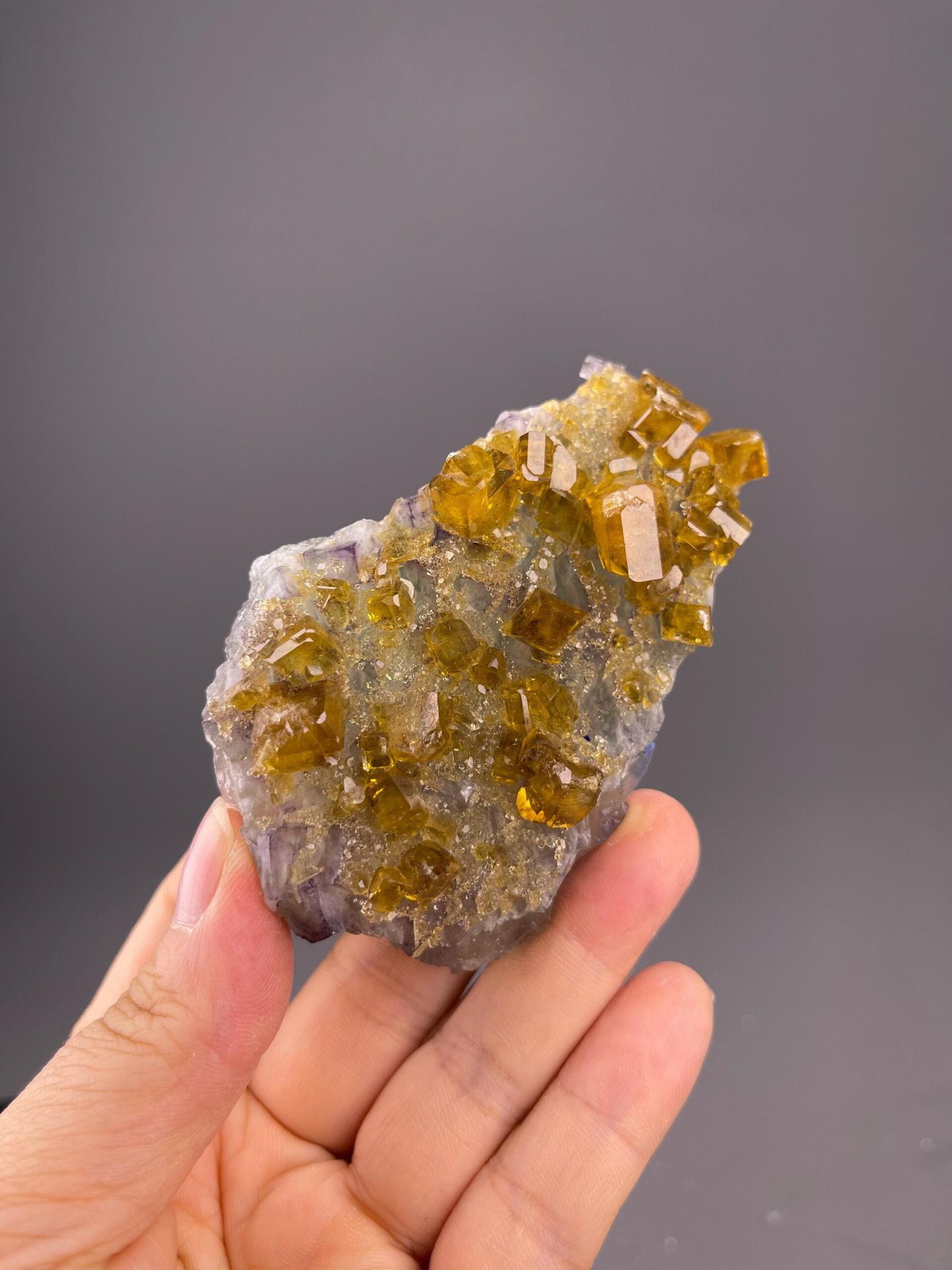 Golden yellow fluorite cluster on baryte matrix, Jiangxi, China