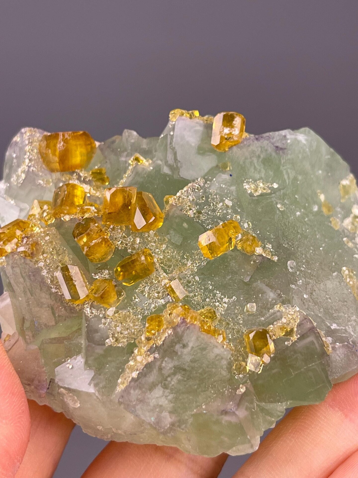 BaSO₄ orthorhombic barite on CaF₂ fluorite, Jiangxi, 165 g (5.8 oz)