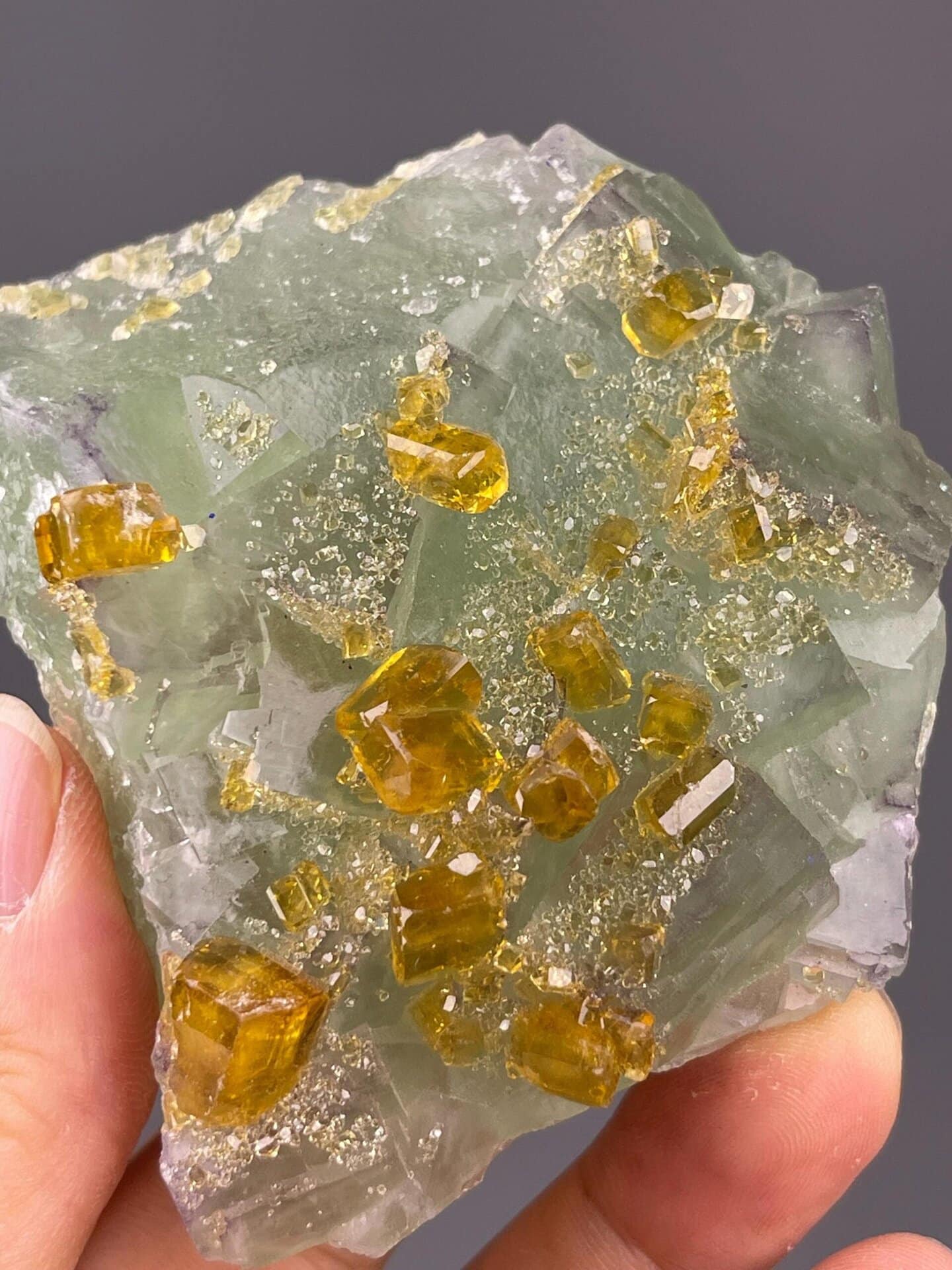 Yellow barite on green fluorite matrix, Jiangxi Province, China