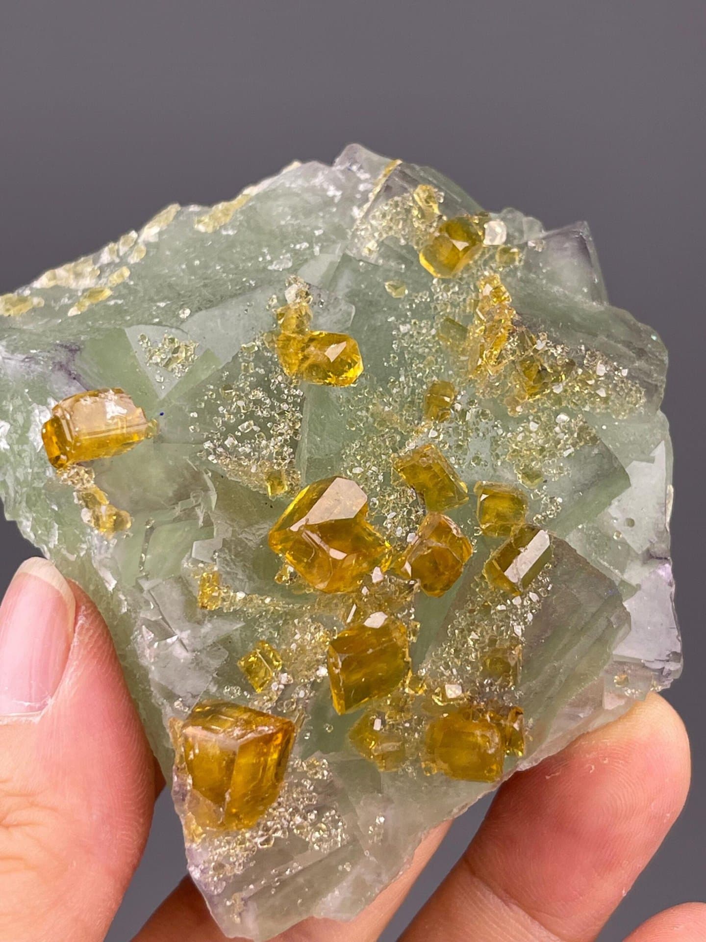 Front view of yellow barite on green fluorite, 2.8×2.4×0.9 in