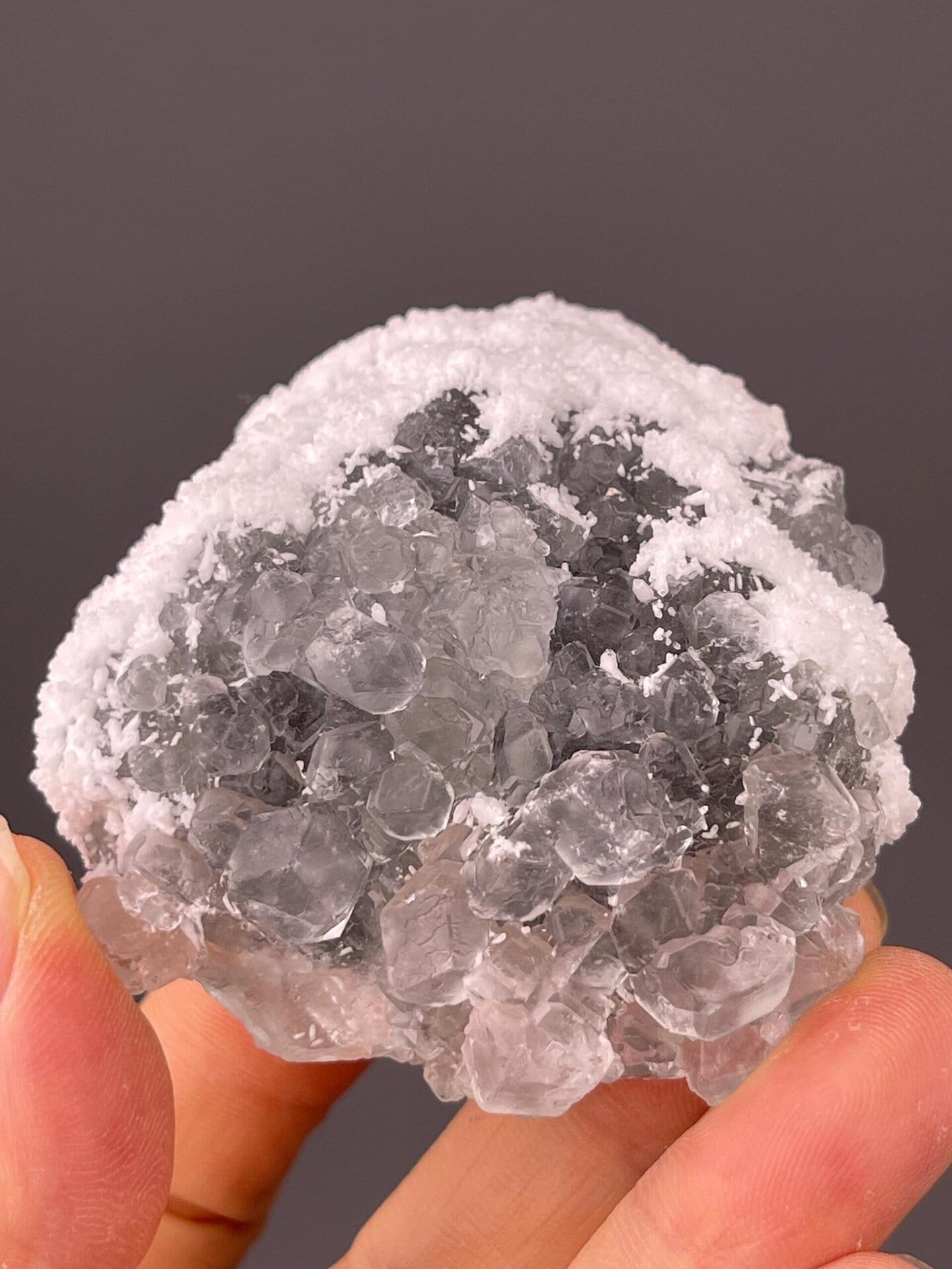 CaF₂ fluorite on SiO₂ druzy quartz, Fujian, 150 g (5.3 oz)