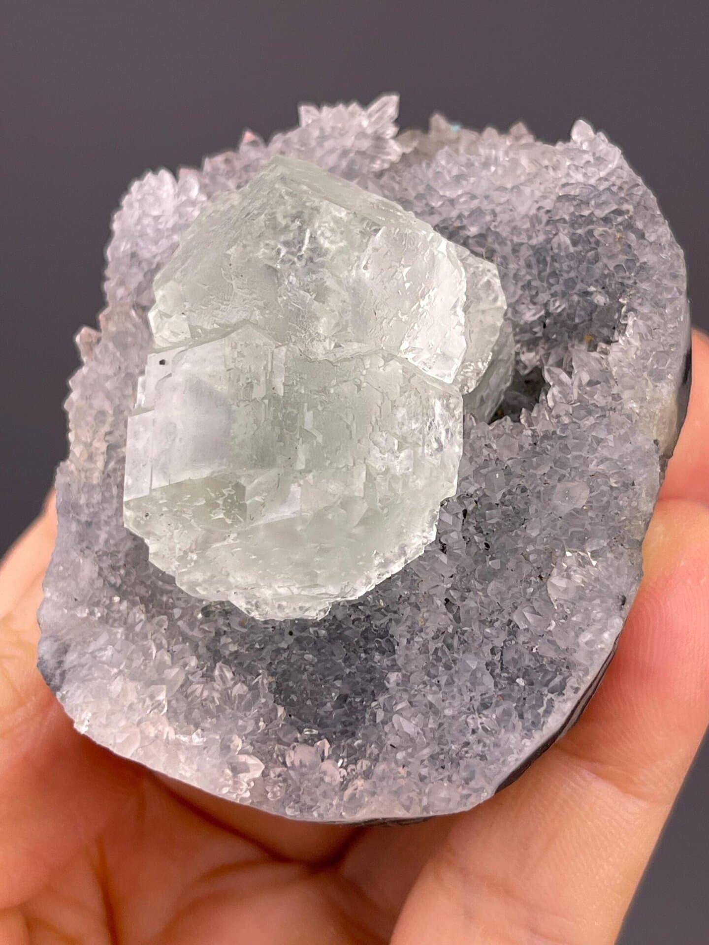 Green fluorite twin crystals on quartz, Fujian Province, China