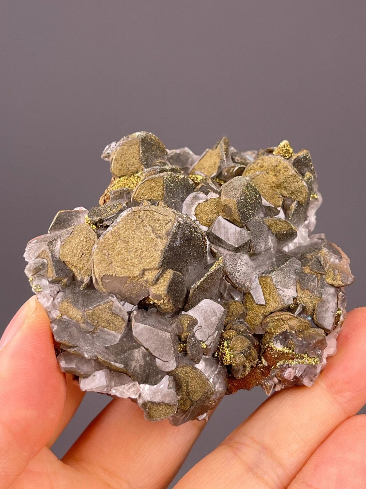 Calcite with golden pyrite in Mercedes formation from Daye Mine, Hubei