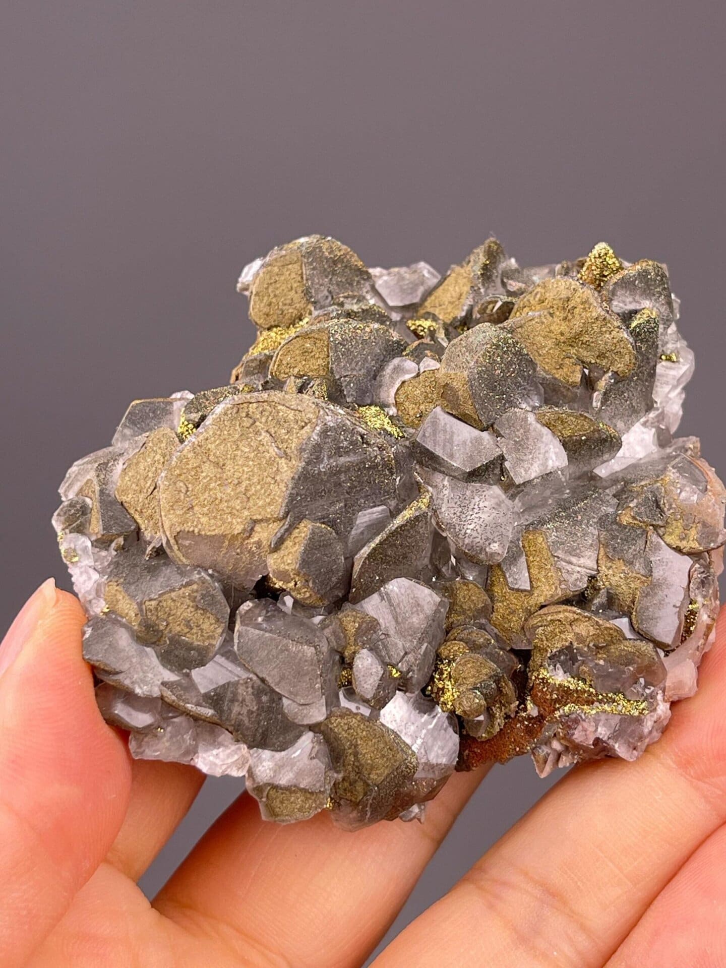Front view of Mercedes calcite-pyrite formation, 2.6×2.3×1 in
