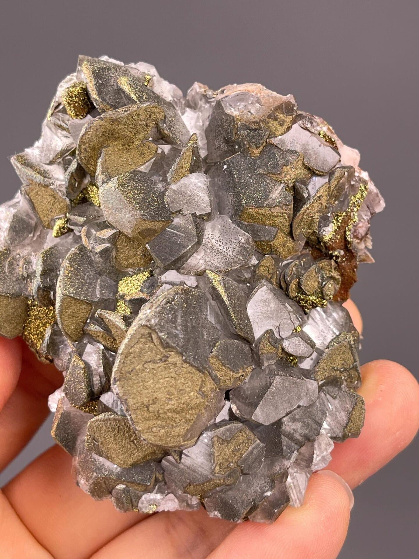 Angled view highlighting Mercedes calcite-pyrite cluster