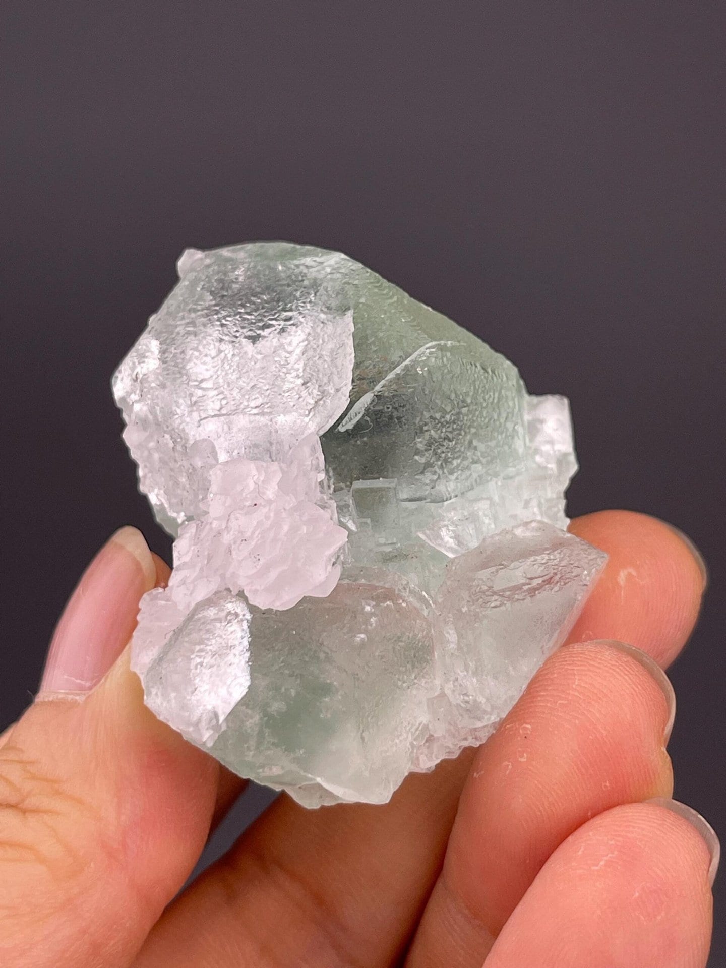 Side view of fluorite-calcite specimen, 1.6×1.3×1 in