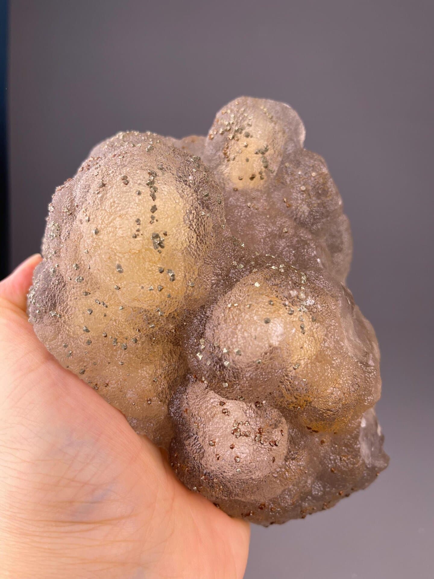 Top view of yellow botryoidal fluorite and pyrite association