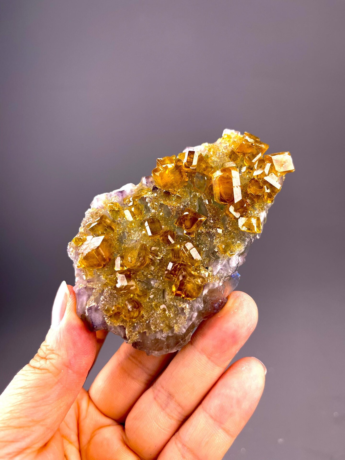 Back view of Jiangxi golden fluorite on baryte specimen