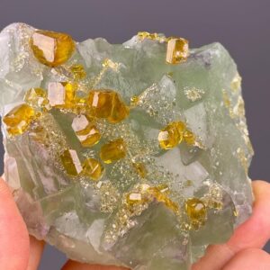 Yellow Barite Crystals - Terminated Specimen - Green Fluorite Matrix - Jiangxi, China - Collectible Mineral