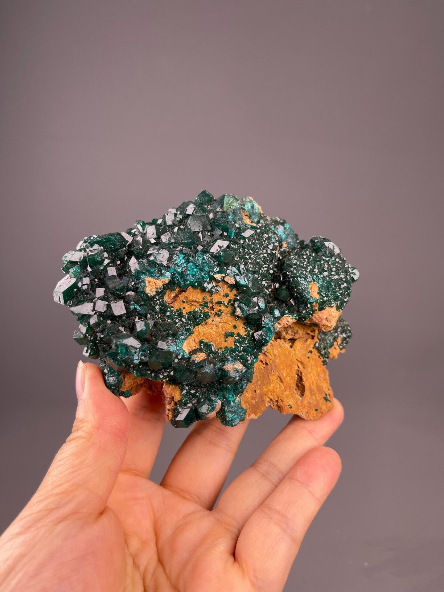 Side view of dioptase on limonite, 4.2×3×1.3 in, Congo DRC