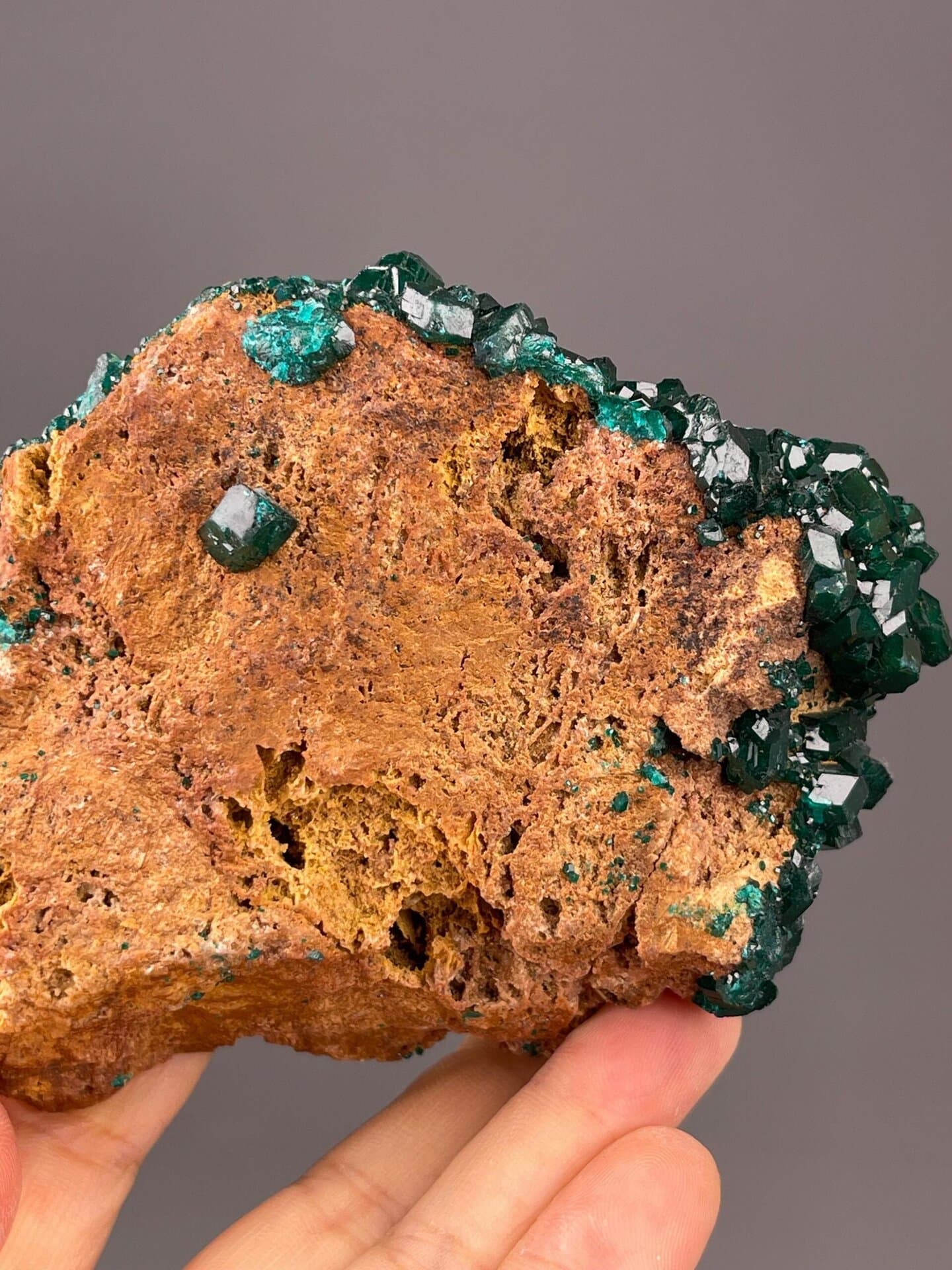 Detail of emerald-green dioptase crystal surfaces