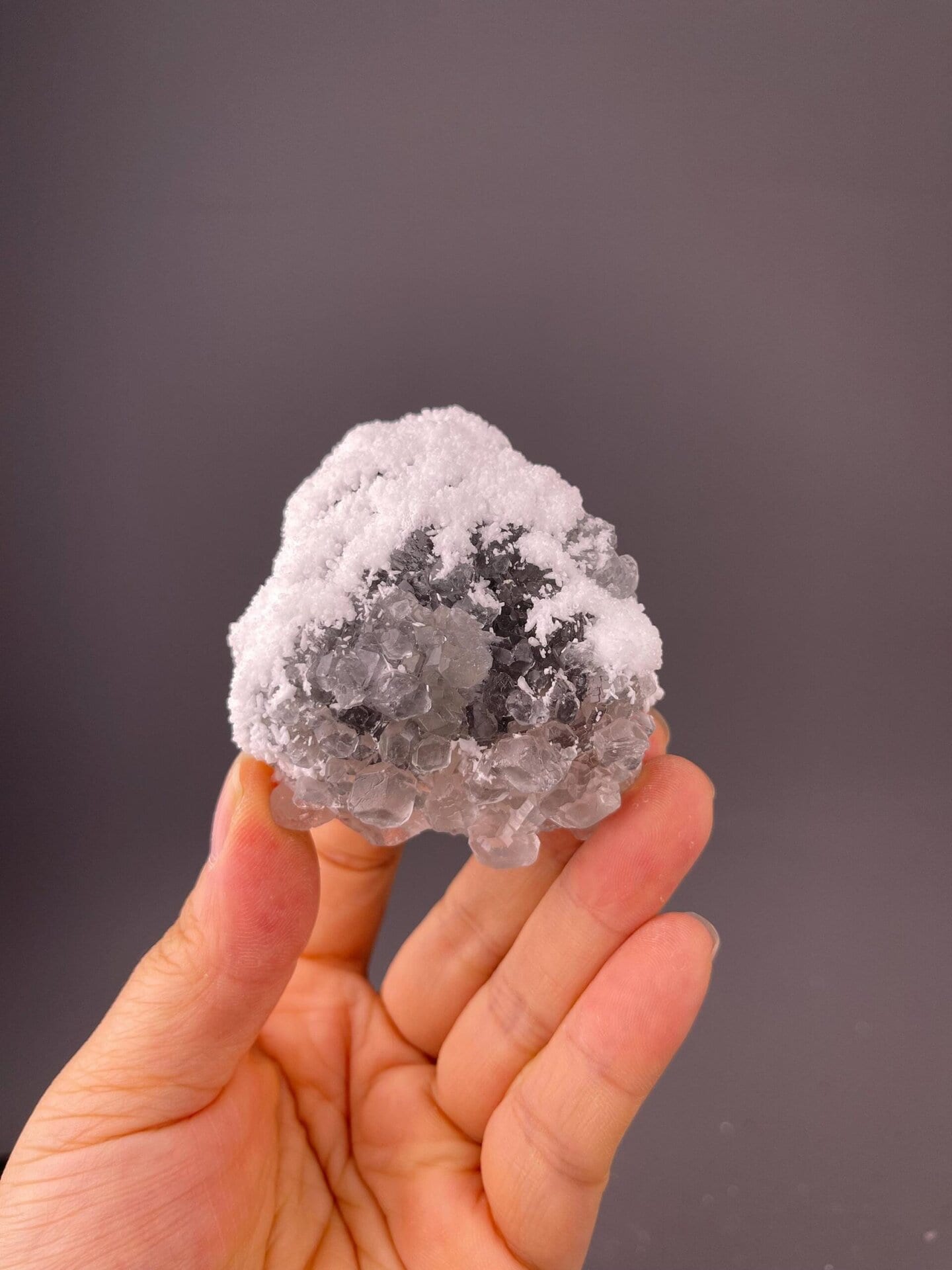 Front view of druzy quartz-coated green fluorite, 2.6×2.2×1 in