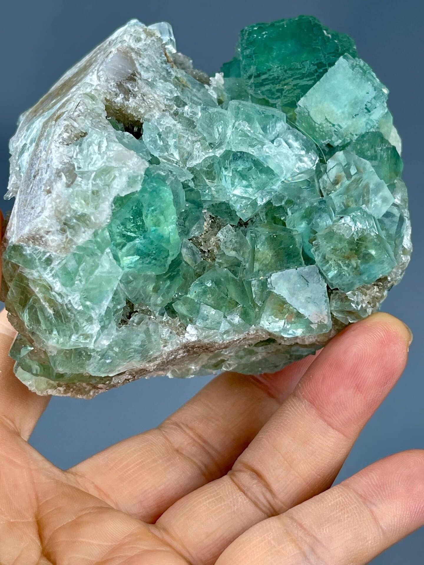 Brilliant apple-green fluorite cubes from Xianghuapu Mine