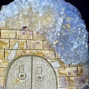 Calcite House Sculpture - Hand-Carved Craftsmanship - Captivating Blue and Gold - Elegant Home Decor
