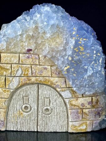 Calcite House Sculpture - Hand-Carved Craftsmanship - Captivating Blue and Gold - Elegant Home Decor