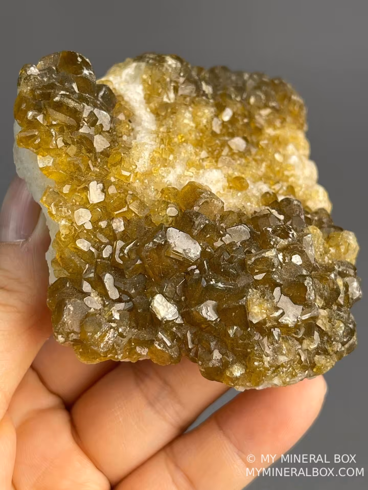 Side view of golden barite calcite cluster, Jiangxi, China