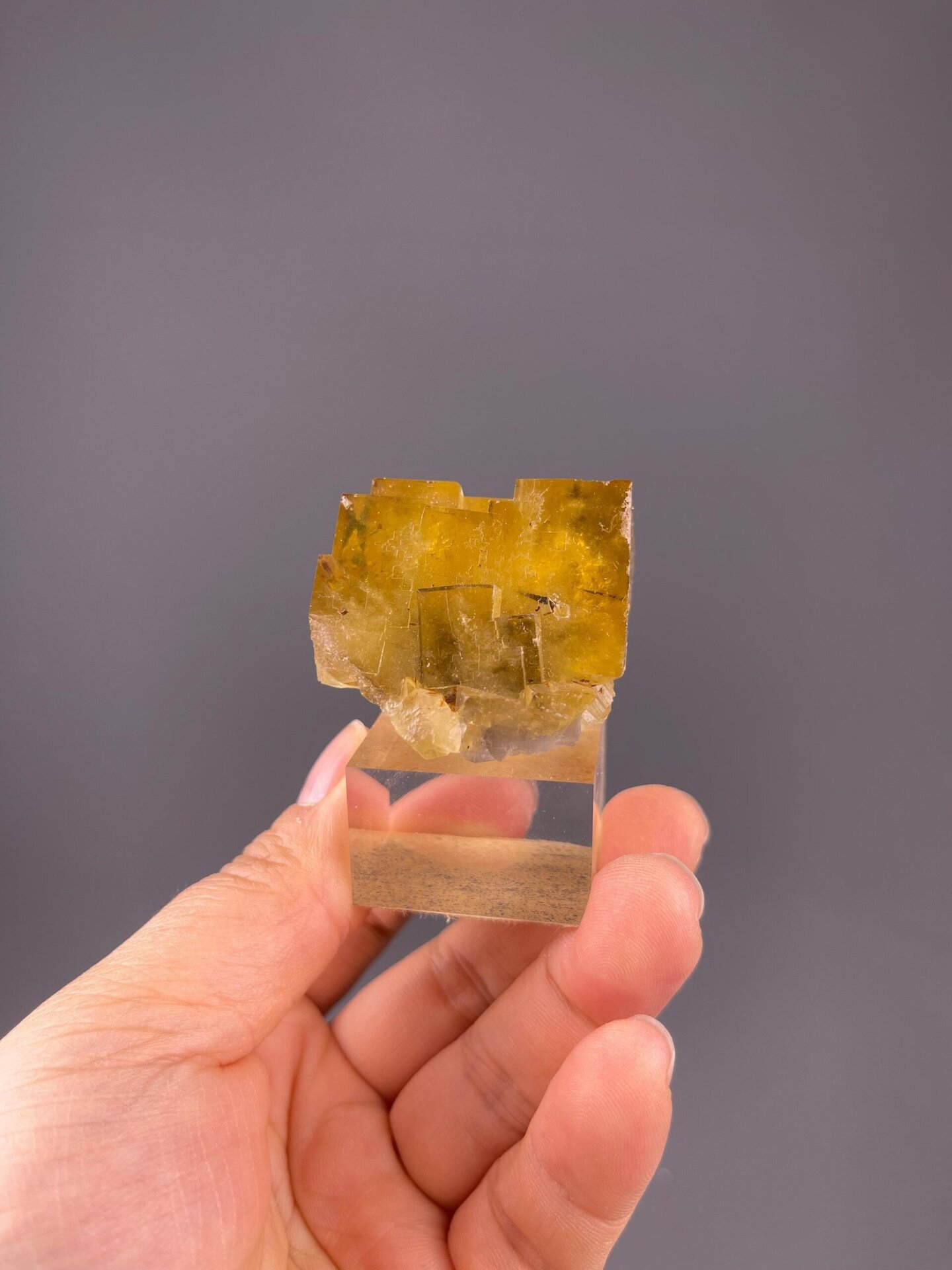 Close-up of fluorite twin boundary and dissolved face