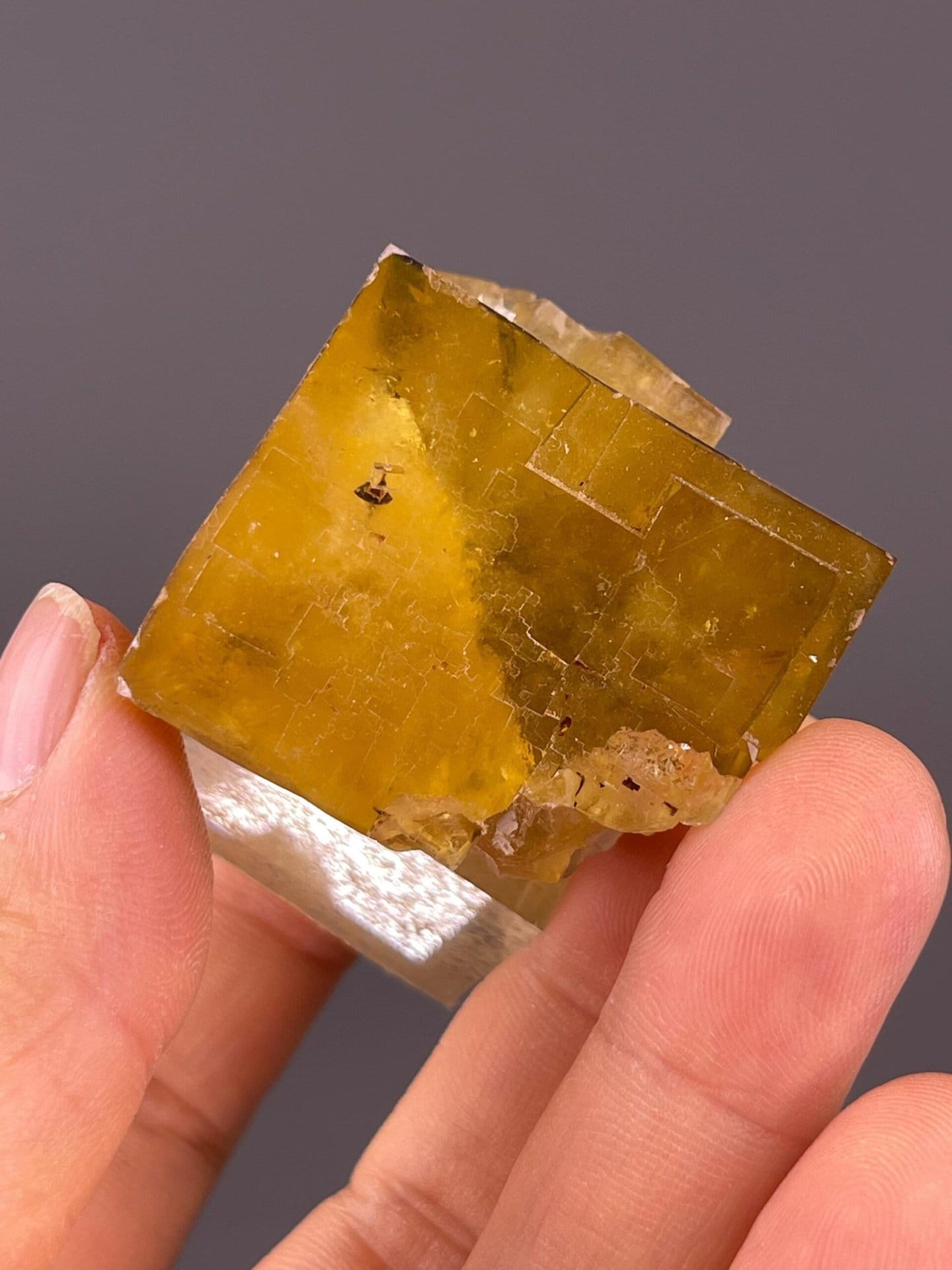 Top view of yellow twin fluorite crystal from Beijing