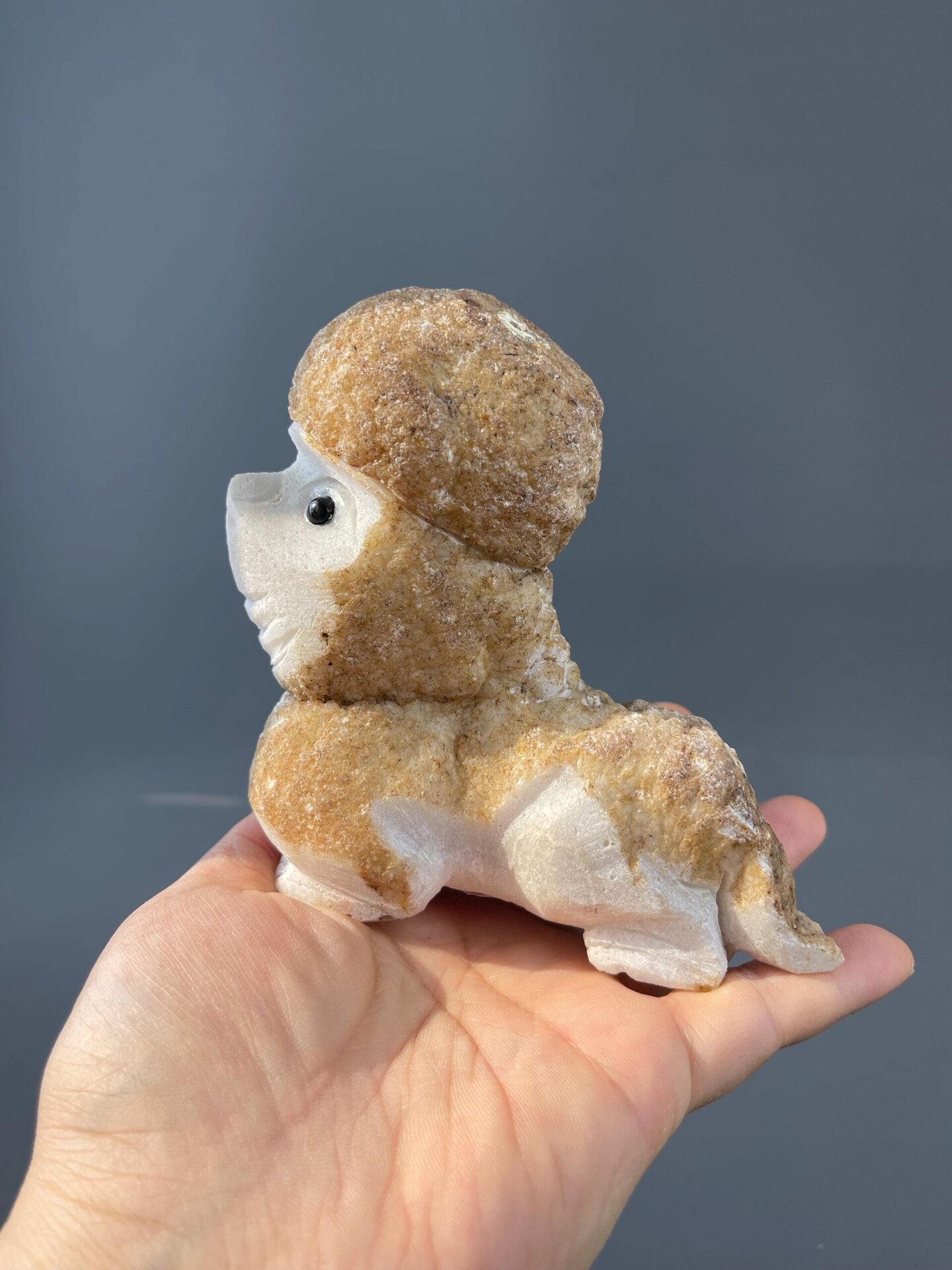 Stone Poodle Hand-Carved Sculpture with Onyx Eyes