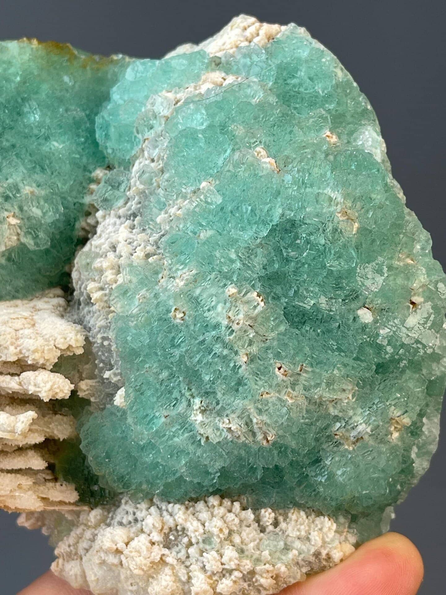 Close-up of spherical stepped fluorite crystal forms