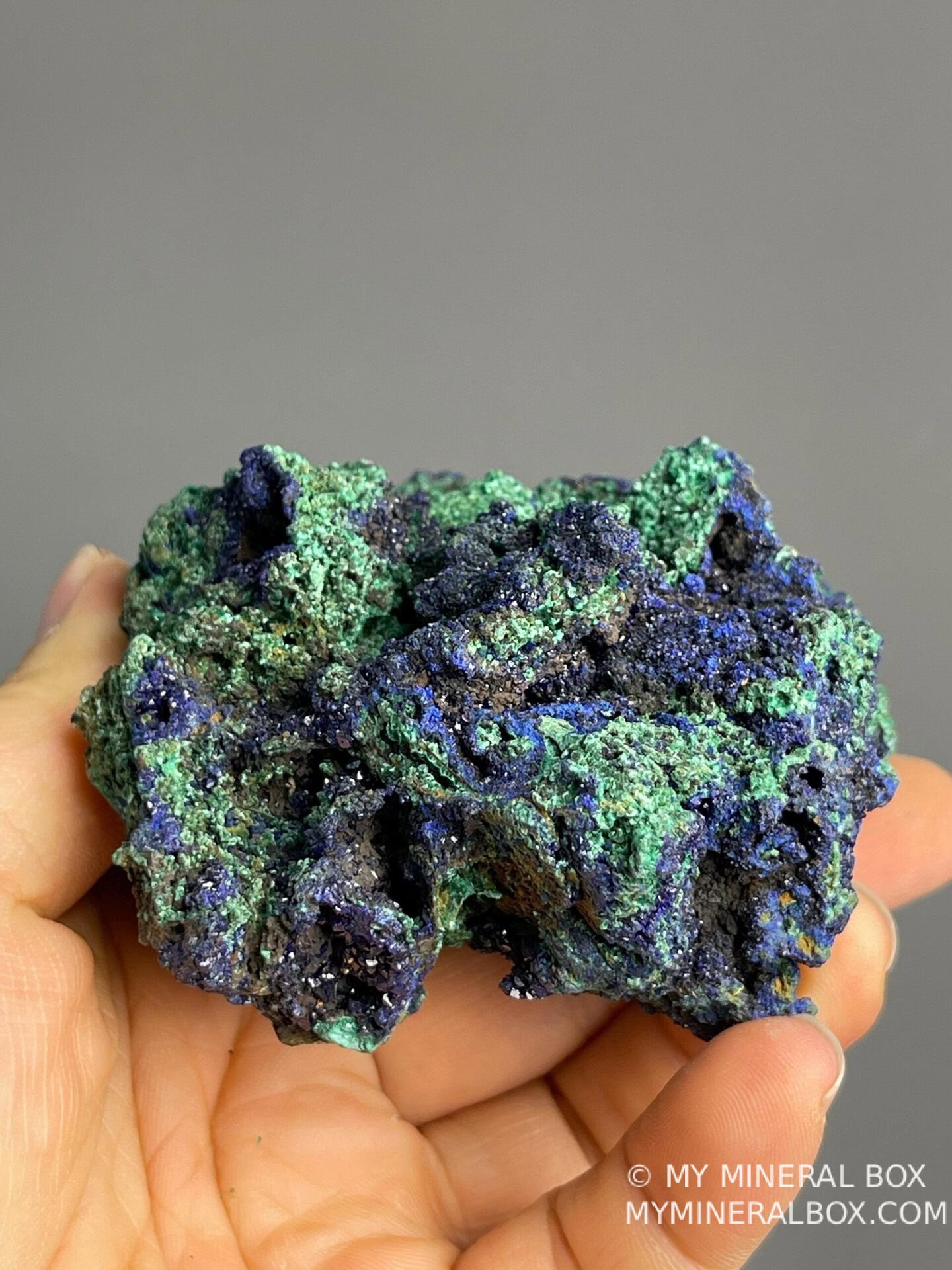 Side view of azurite malachite Moroccan mineral specimen