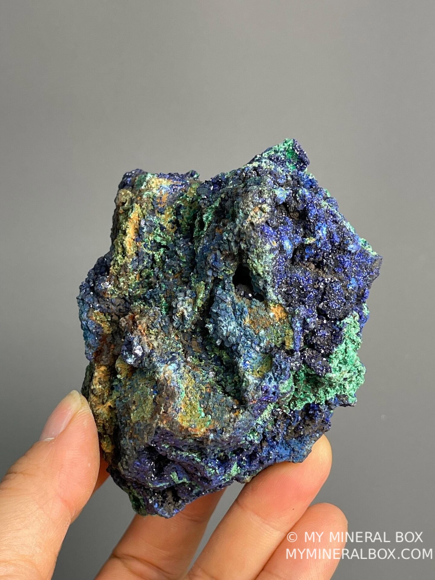 Scale view of 3.51x1.9x3.0 in azurite malachite specimen