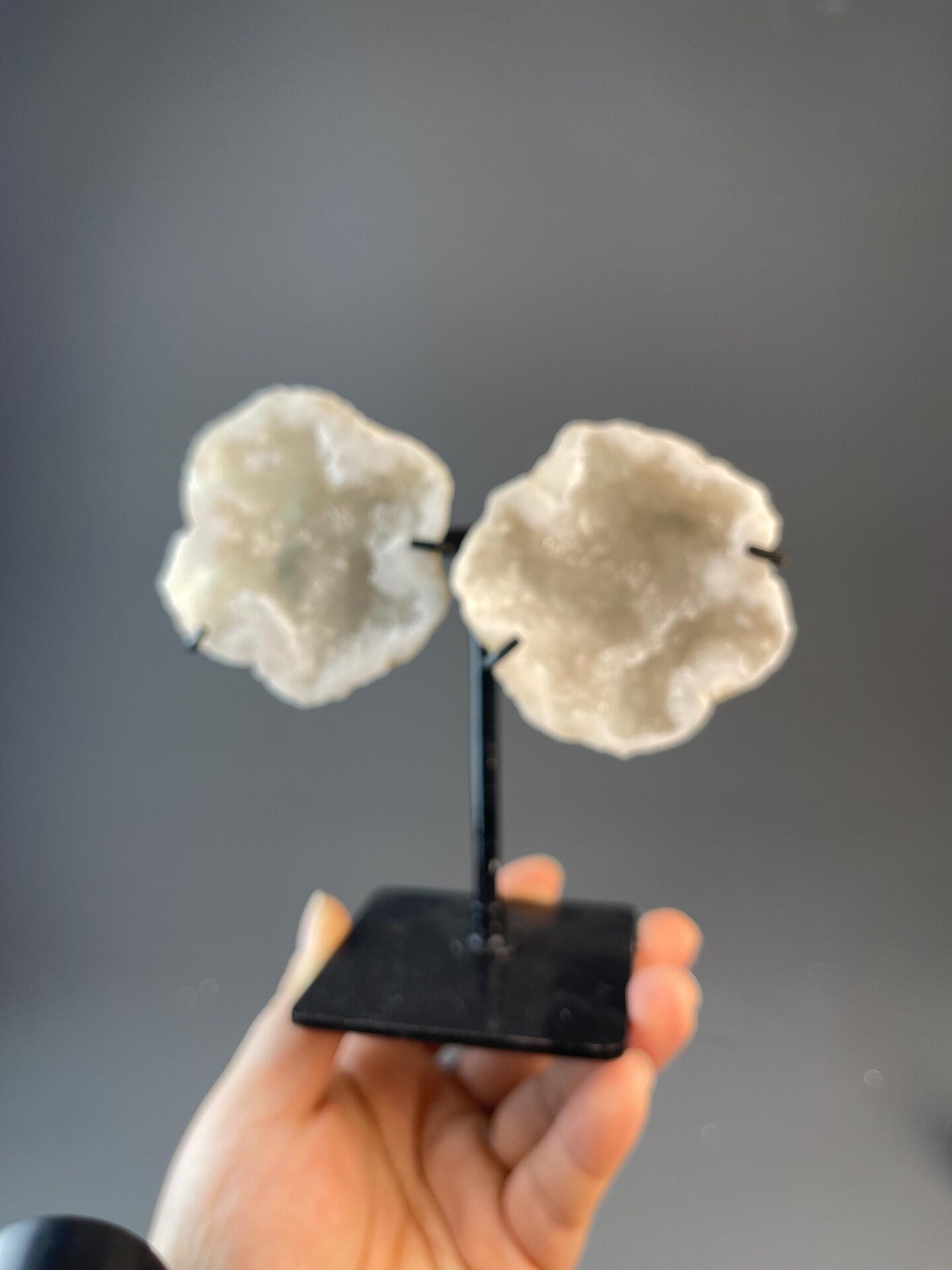 Close-up of druzy quartz crystals inside Brazilian geode