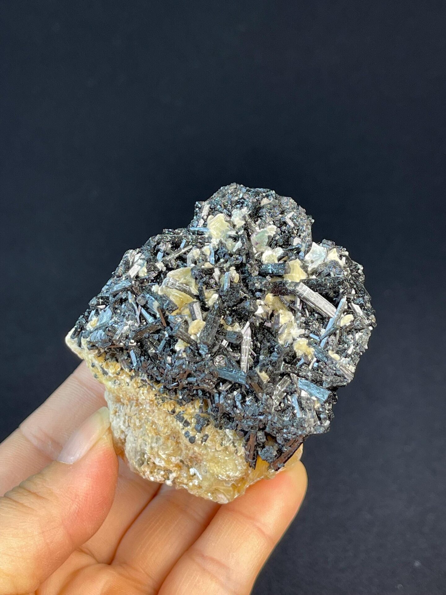 Close-up of black tourmaline on white calcite, Namibia