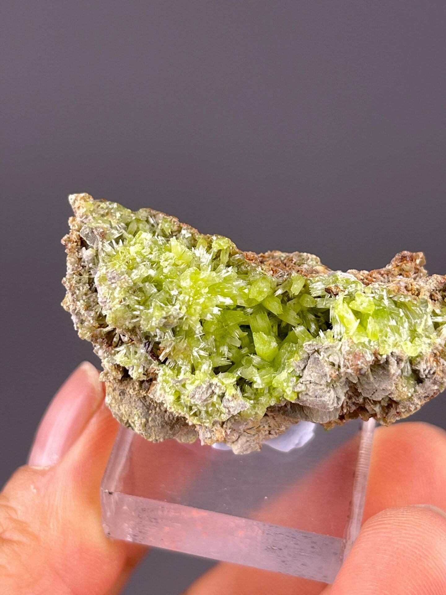 Dense lime-green pyromorphite needle aggregates, Guangxi