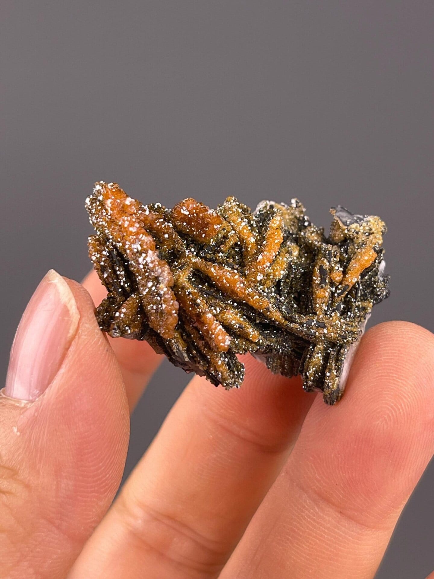 Red vanadinite crystals showing hexagonal prism habit