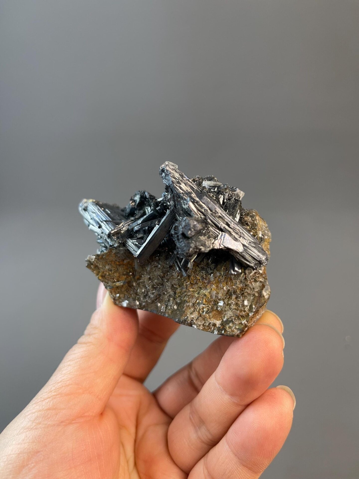 Side view of stibnite Sb2S3 crystal cluster, Hunan
