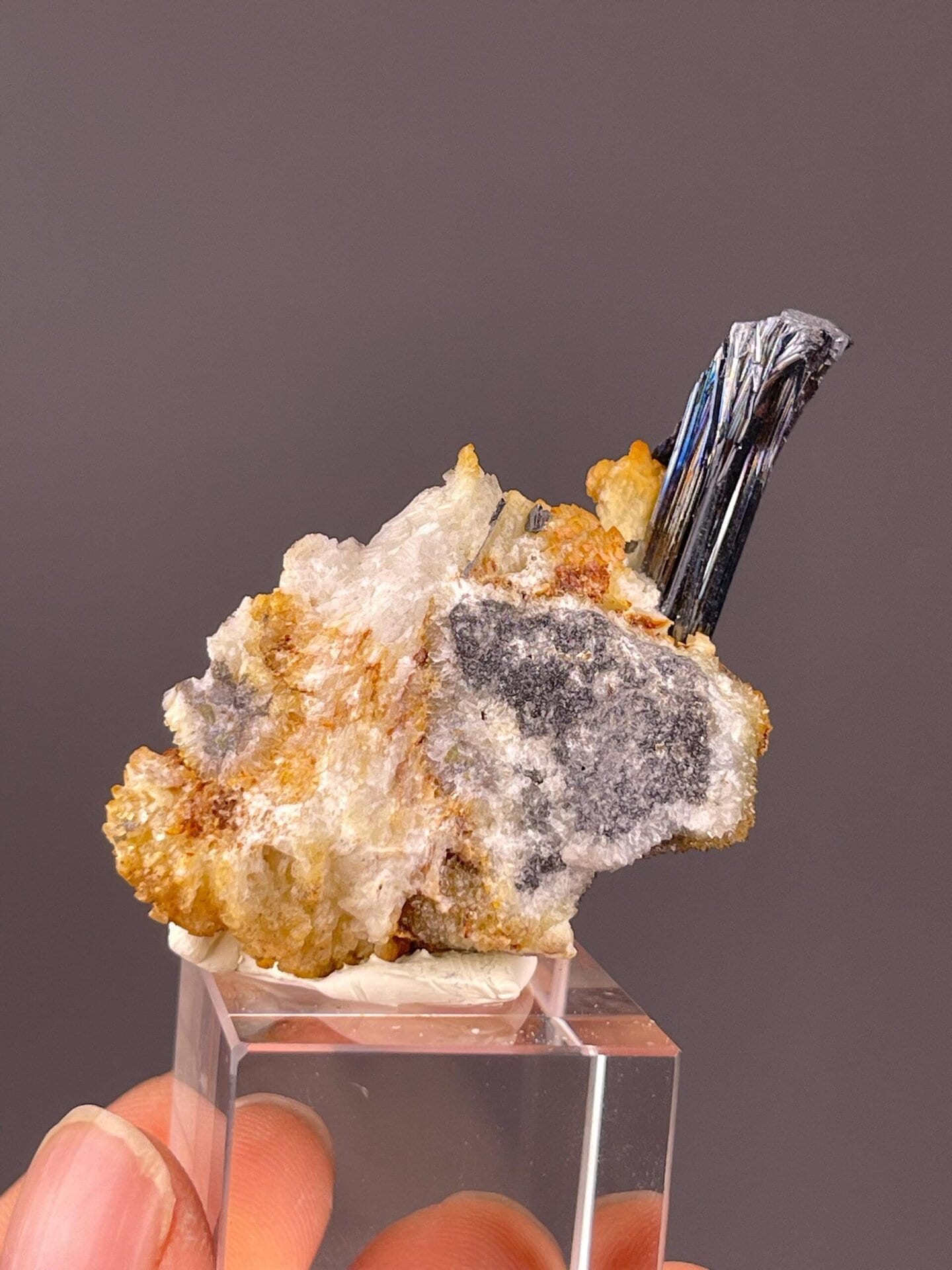 Single sharply defined stibnite prismatic crystal on matrix
