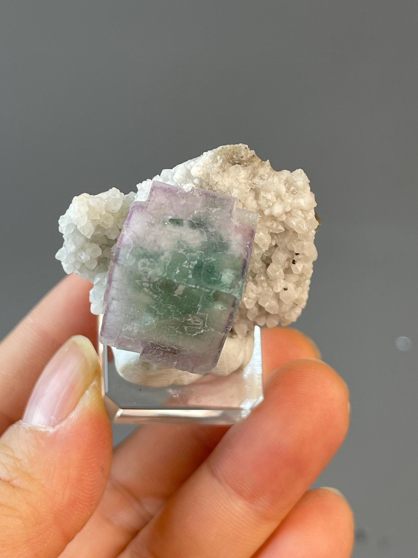Close-up of cubic fluorite faces with violet coloration