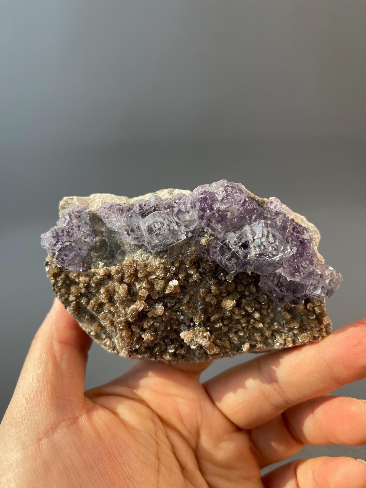 Purple phantom fluorite crystals contrasting with silver mica