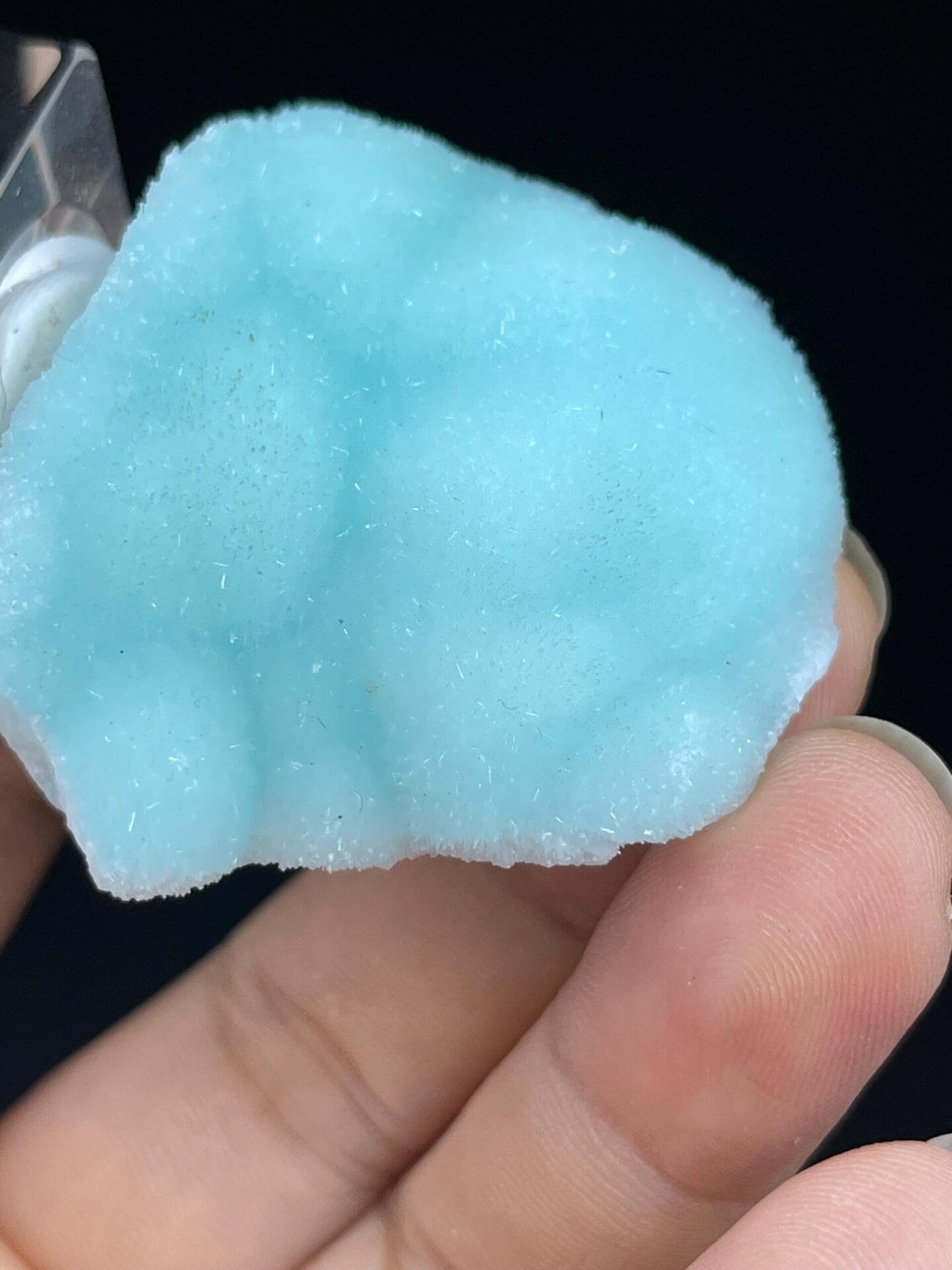 Scale view of 1.8x1.0x1.6 in blue aragonite cluster