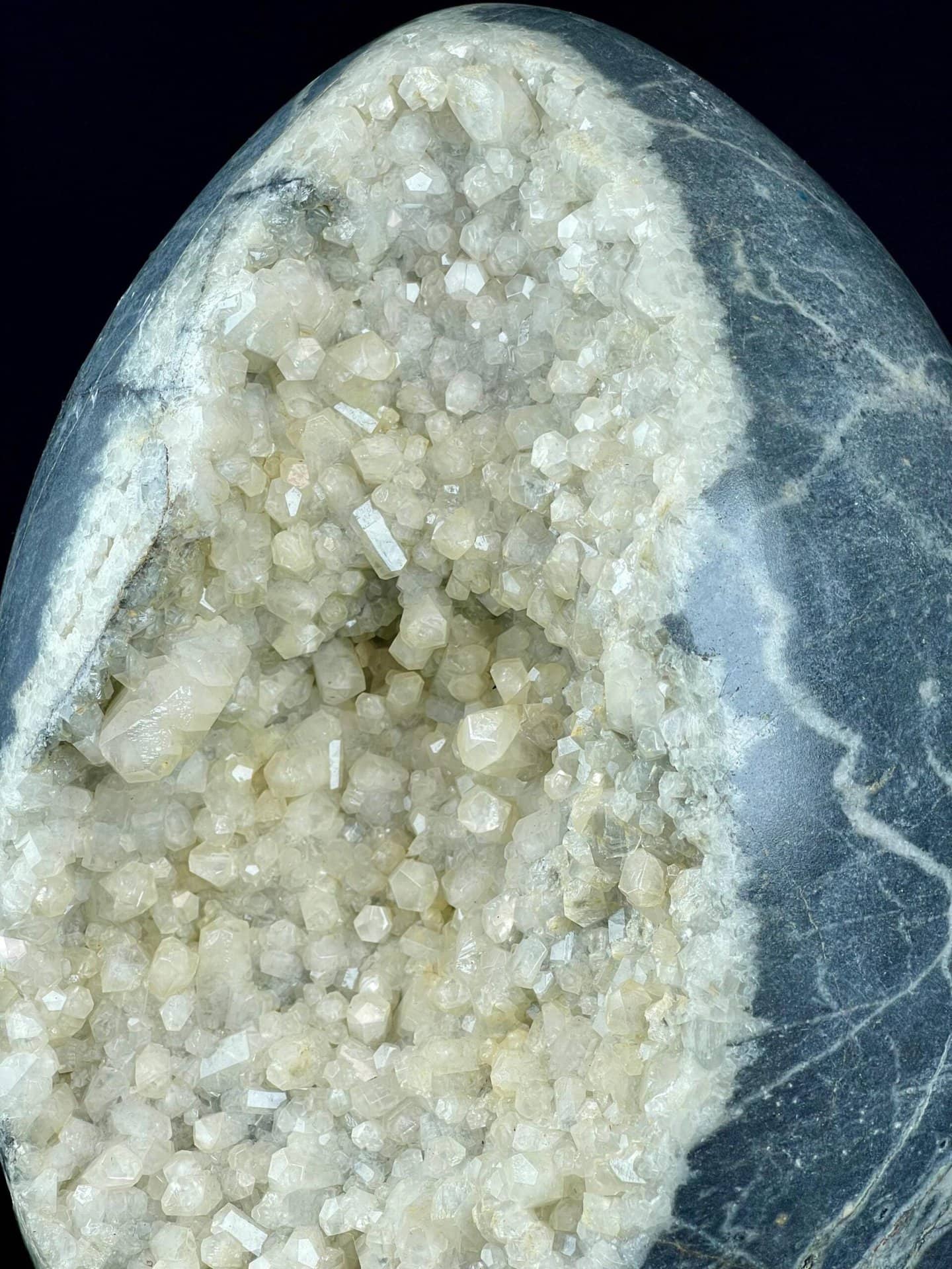Top view of calcite crystal geode egg from Brazil
