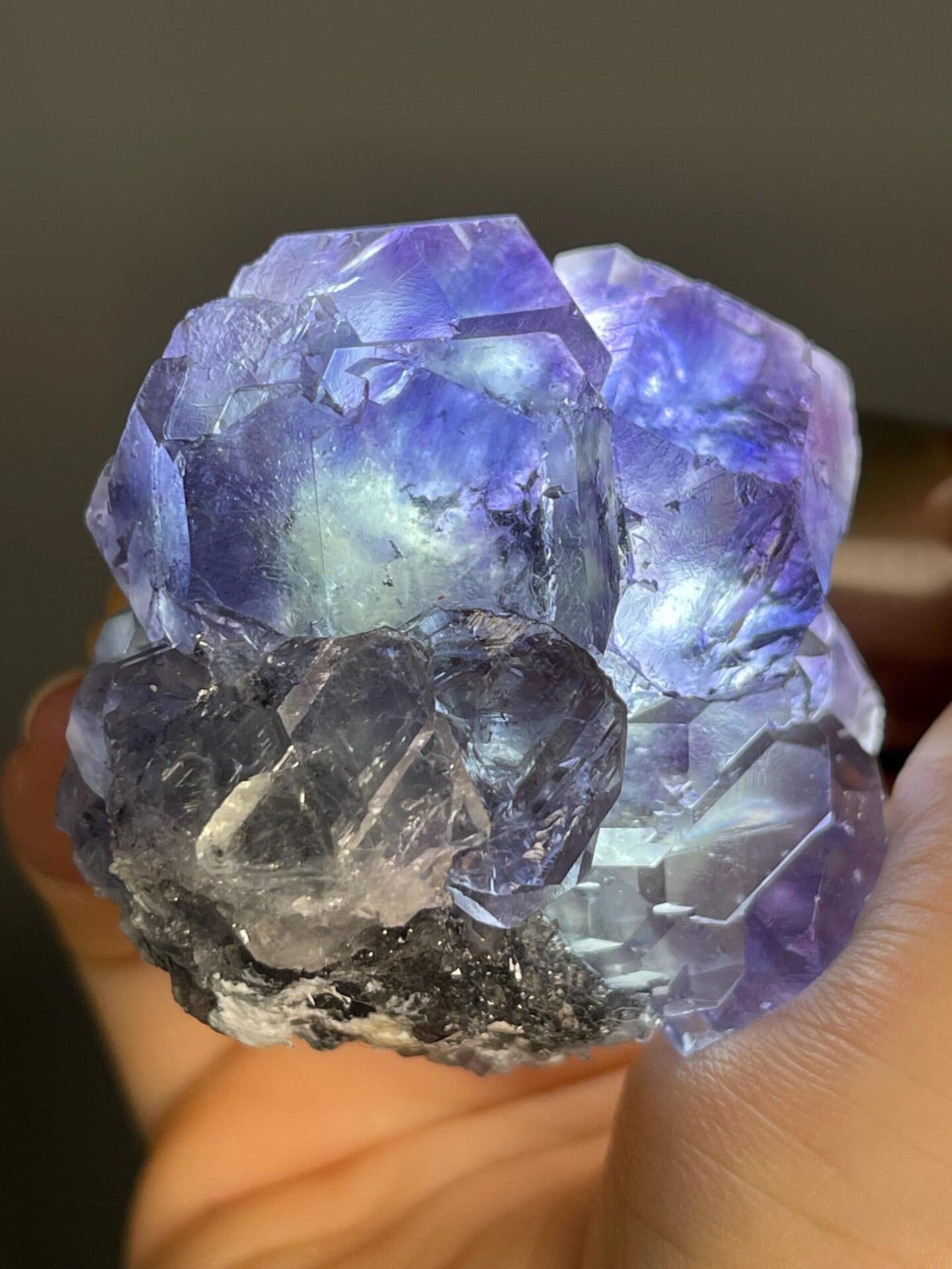 Close-up of purple green phantom zones in fluorite crystals