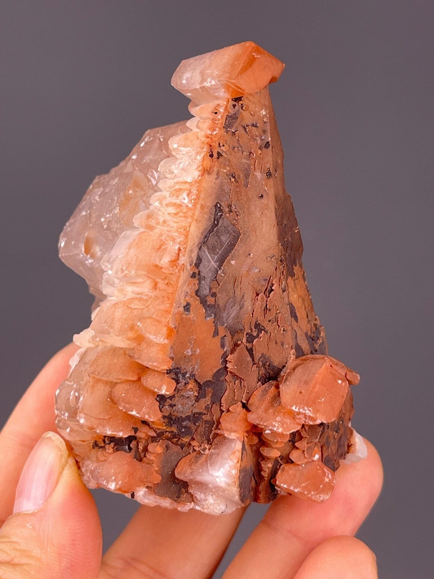 Scale view of 2.6x2.2x2.0 in red calcite tower